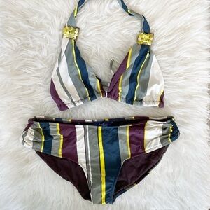 NEW Anthropologie Anika swimsuit halter beaded bikini set size medium striped